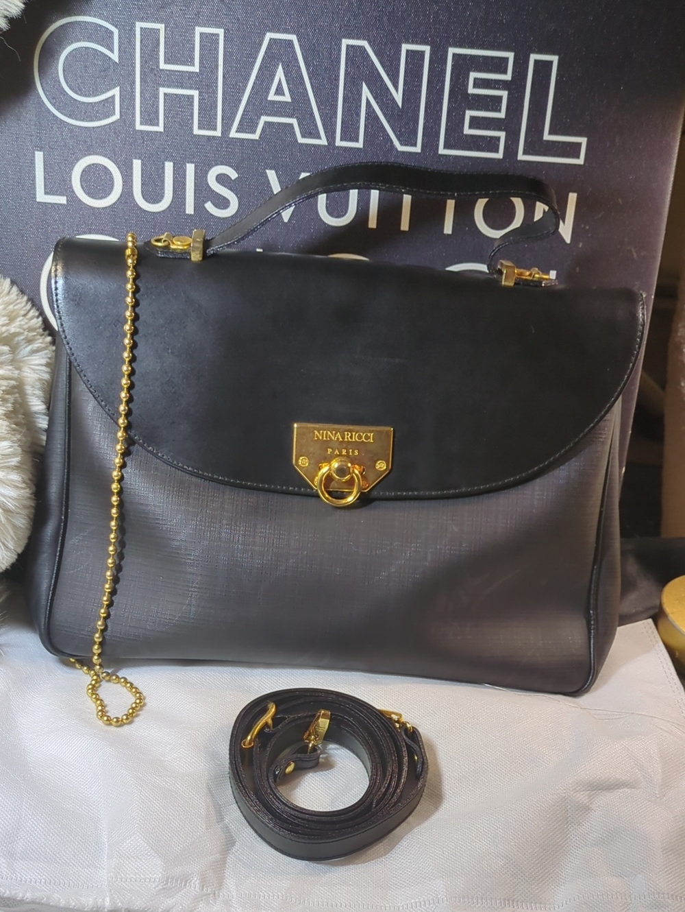 VintageNina Ricci Black Leather Crossbody Top-Handle Bag with Gold Hardware $135
